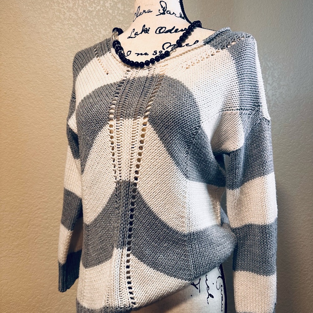 Poof! Preppy, Lightweight, Chunky Knit -Women's Gray and White V-Neck Sweater
